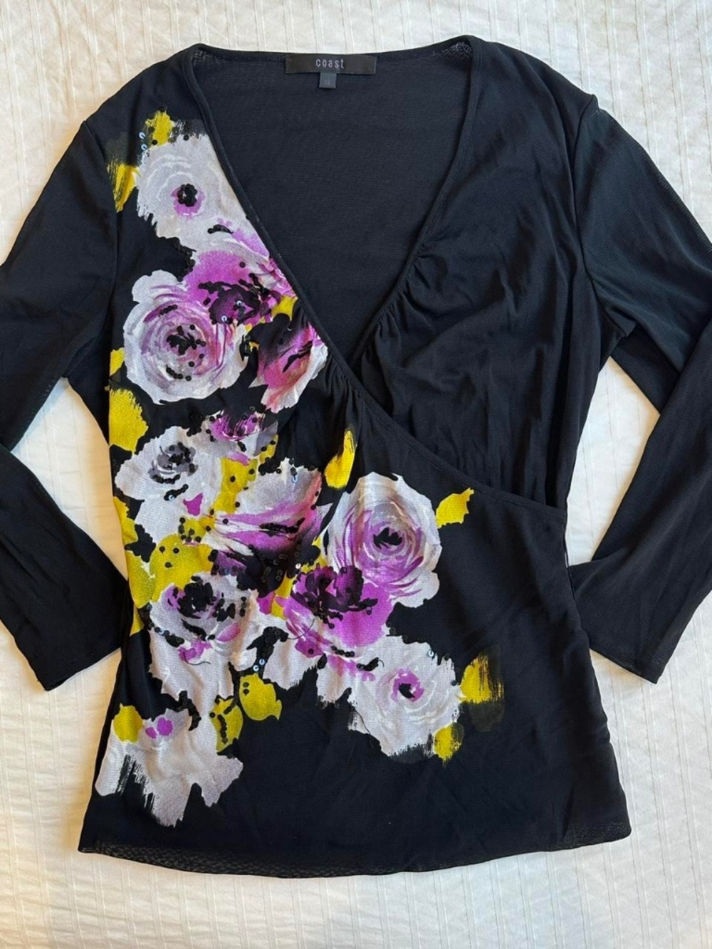 Vintage Y2K Coast black floral sequin mesh wrap top size 12